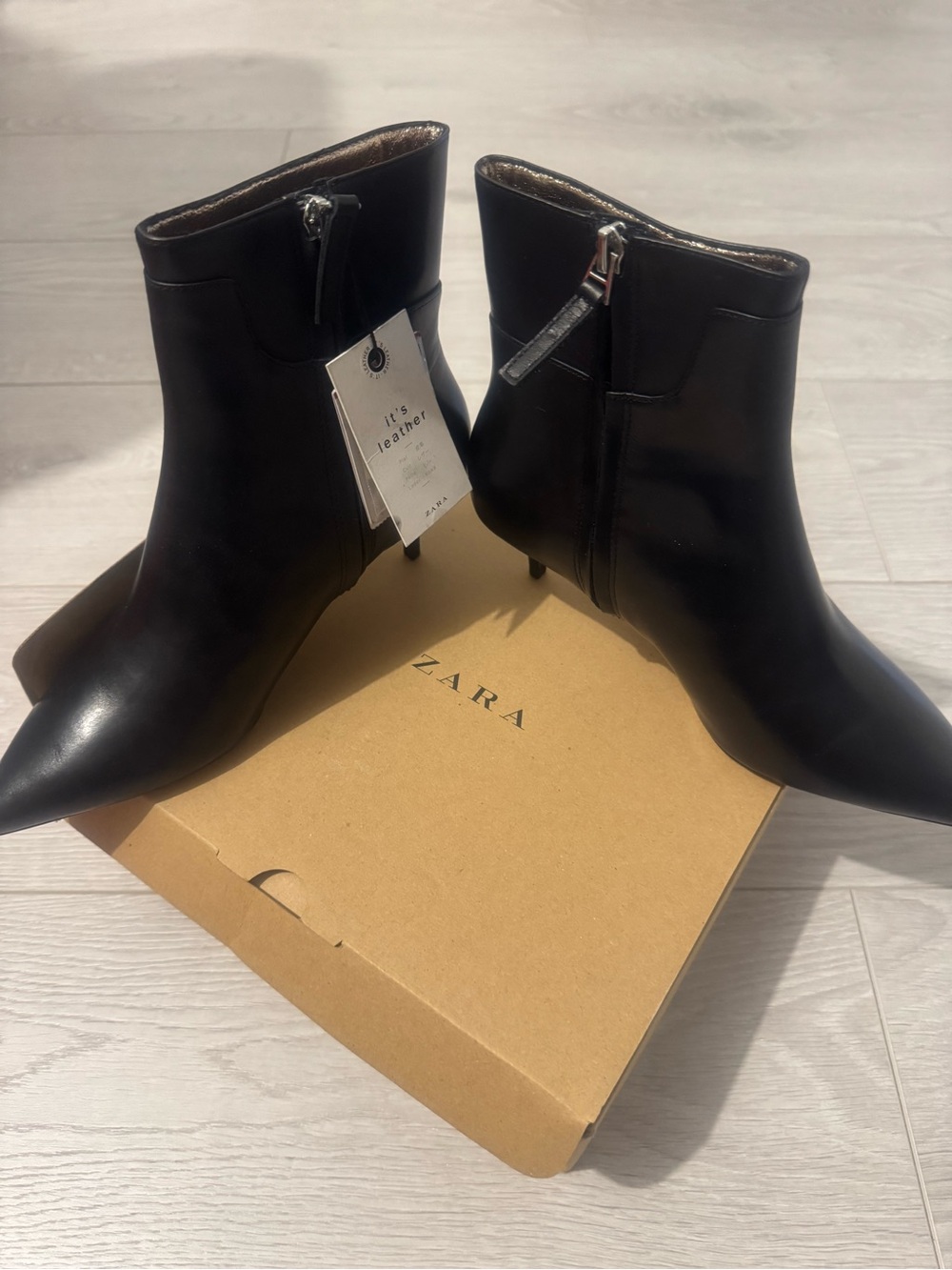 Zara Black Leather Pointed Ankle Booties with Side Zipper